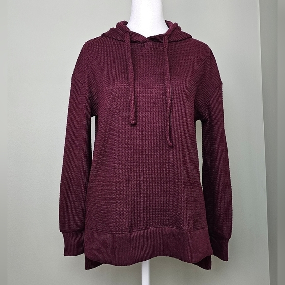 SO Cozy Waffle Knit Tunic Hoodie Sweater XS MAROON BURGUNDY WINE - Picture 2 of 7